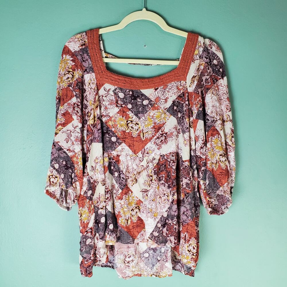 Maurices Womens Crochet Trim Patchwork Square Neck Babydoll Blouse Top Size XL